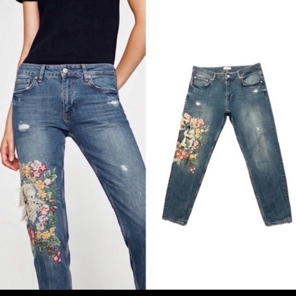 Zara Denim - - Zara embroidered boyfriend jeans